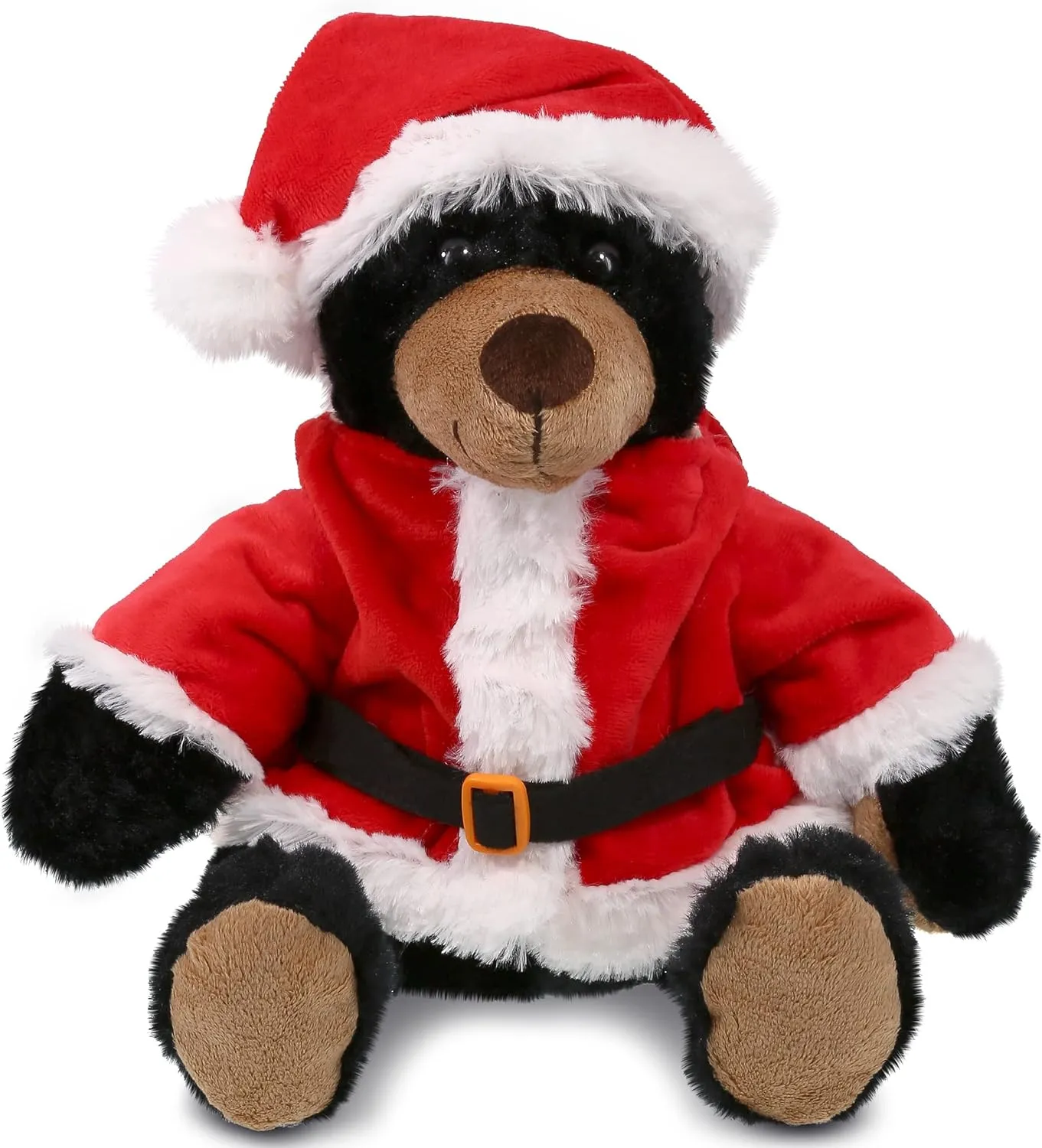 DolliBu Santa Black Bear with Red Plaid Hoodie Stuffed Animal Plush Toy - Super Soft Dress Up with Red Santa Claus Outfit, Cute Wildlife Gift with Name Personalization - 10 Inch