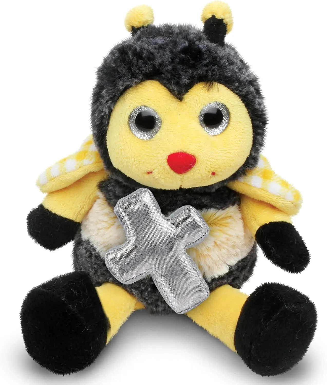 DolliBu Sitting Bee Stuffed Animal with Silver Cross Plush - Religious Baptism Gifts for Boys and Girls Dedication Christening Gifts Plush Prayer Toy Healing Stuffed Animal - 7 Inches