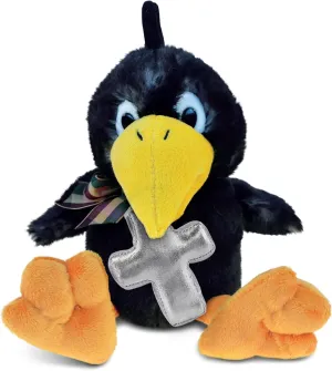 DolliBu Sitting Crow Bird Stuffed Animal with Silver Cross Plush – Religious Baptism Gifts for Boys and Girls, Dedication Christening Gifts Plush Prayer Toy Healing Stuffed Animal – 9 Inches
