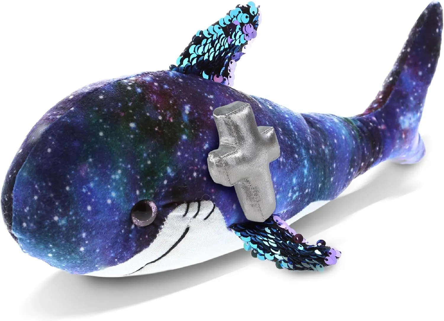 DolliBu Space Sequin Shark Stuffed Animal with Silver Cross and Personalization - Religious Baptism Gifts for Boys, Girls Dedication Christening Gifts Plush Prayer Toy Healing Teddy - 12 Inches