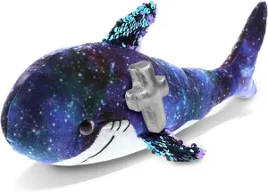 DolliBu Space Sequin Shark Stuffed Animal with Silver Cross and Personalization - Religious Baptism Gifts for Boys, Girls Dedication Christening Gifts Plush Prayer Toy Healing Teddy - 12 Inches