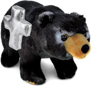 DolliBu Standing Black Bear Stuffed Animal with Silver Cross Plush – Religious Baptism Gifts for Boys and Girls, Dedication Christening Gifts Plush Prayer Toy Healing Stuffed Animal - 11 Inches