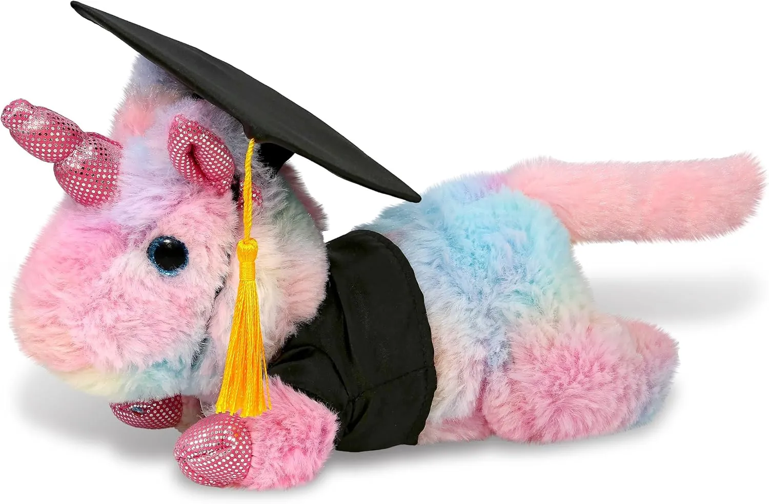 DolliBu Sunday Rainbow Unicorn Graduation Plush Toy - Cotton Candy Plush Graduation Stuffed Animal Dress Up Gown and Cap with Tassel - Gift with Personalization - 10.5 Inches