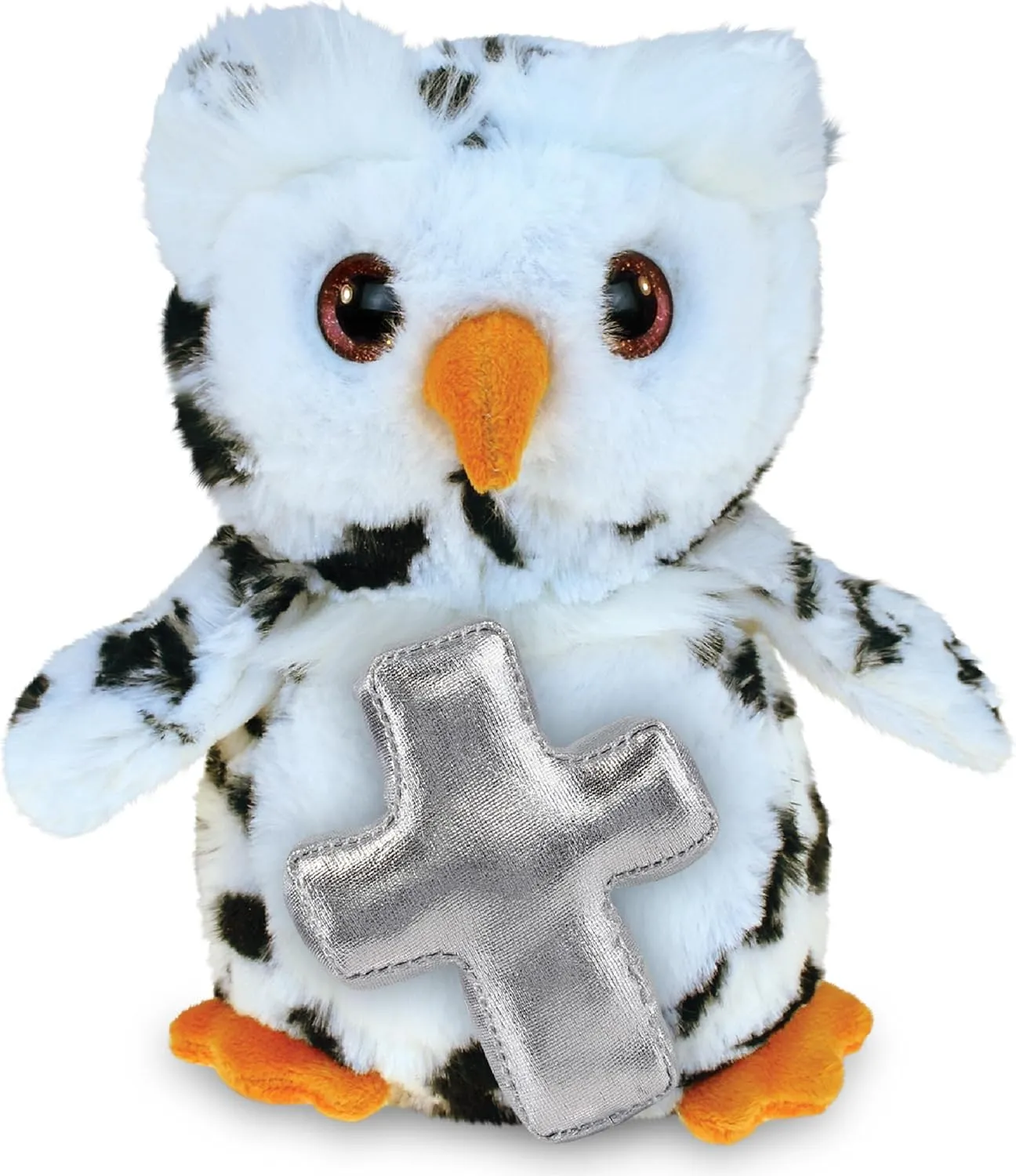 DolliBu White Owl Bird Stuffed Animal with Silver Cross Religious Baptism Gifts for Boys and Girls, Dedication Christening Gifts Plush Prayer Toy Healing Stuffed Animal - 8.5 Inches