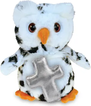 DolliBu White Owl Bird Stuffed Animal with Silver Cross Religious Baptism Gifts for Boys and Girls, Dedication Christening Gifts Plush Prayer Toy Healing Stuffed Animal - 8.5 Inches