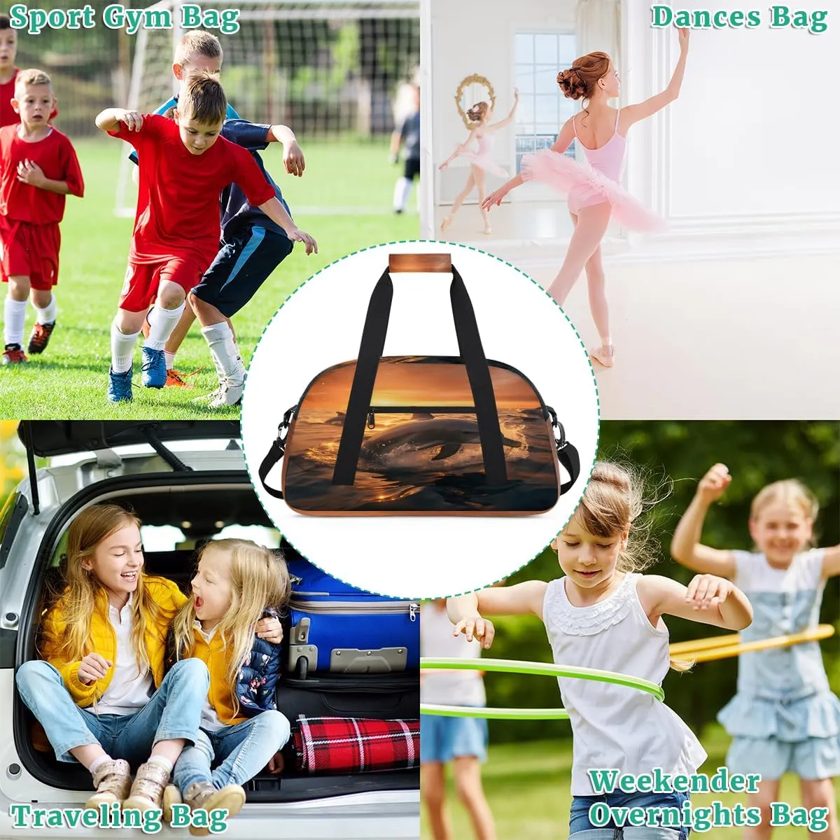 Dolphin Sunset Kids Overnighter Duffel Bags for Boys, Carry-On Size Sports Gym Bag with Front Zipper Pocket for School Practice or Overnight Travel Weekender Sleepover Tote Bag