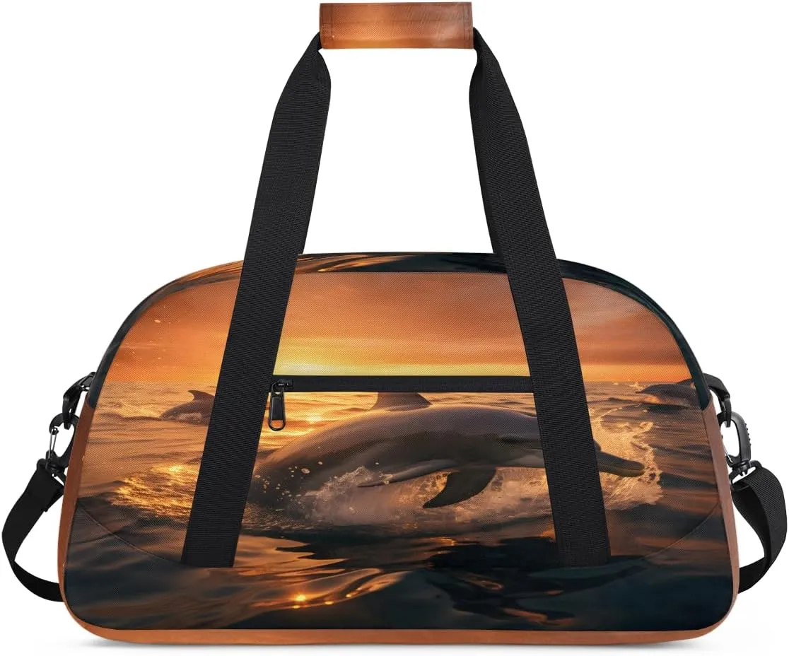 Dolphin Sunset Kids Overnighter Duffel Bags for Boys, Carry-On Size Sports Gym Bag with Front Zipper Pocket for School Practice or Overnight Travel Weekender Sleepover Tote Bag