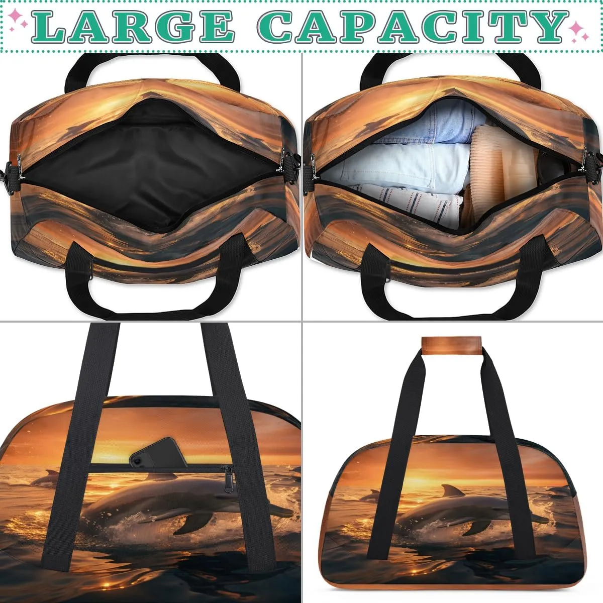 Dolphin Sunset Kids Overnighter Duffel Bags for Boys, Carry-On Size Sports Gym Bag with Front Zipper Pocket for School Practice or Overnight Travel Weekender Sleepover Tote Bag