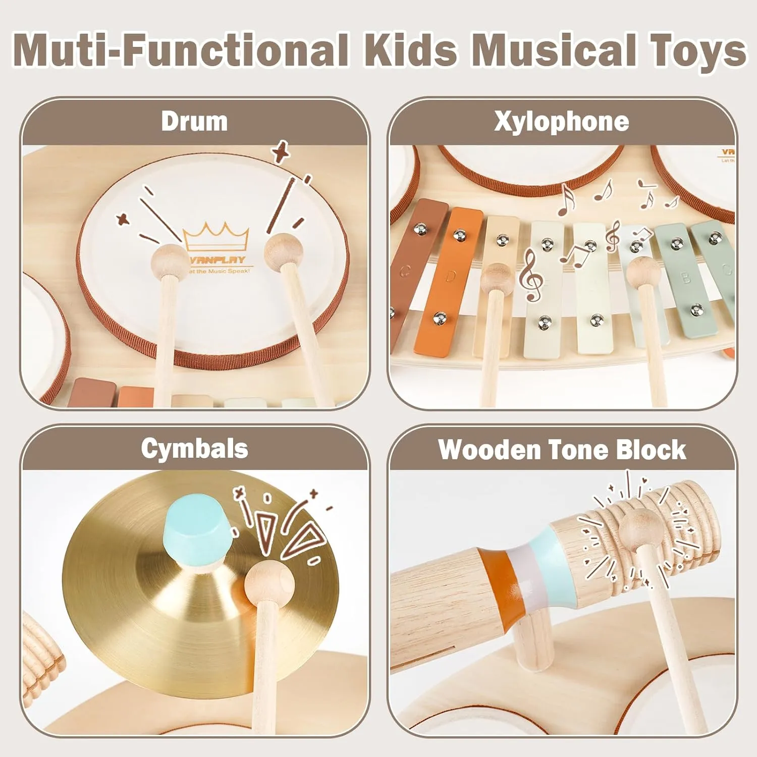 Drum Set - 9 in 1 Musical Instruments for for Toddlers 3 , Wooden Montessori Toys for Boy & Girls Easter Birthday Gifts, Musical Drum Set with Xylophone for Kids 3 4 5 6