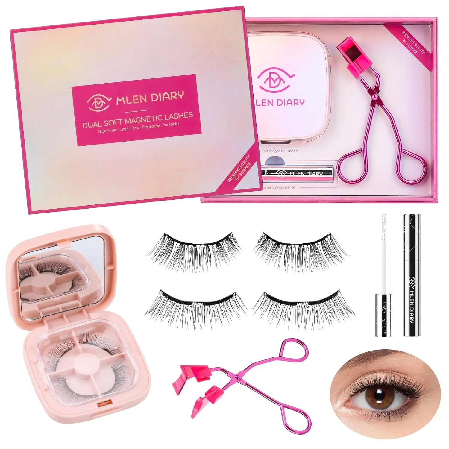 Dual Magnetic Eyelashes, Magnetic Eyelashes Without Eyeliner 4D Natural Look Reusable Easy to Wear, Soft Magnets False Eyelashes with Applicator No Glue, Charming Queen