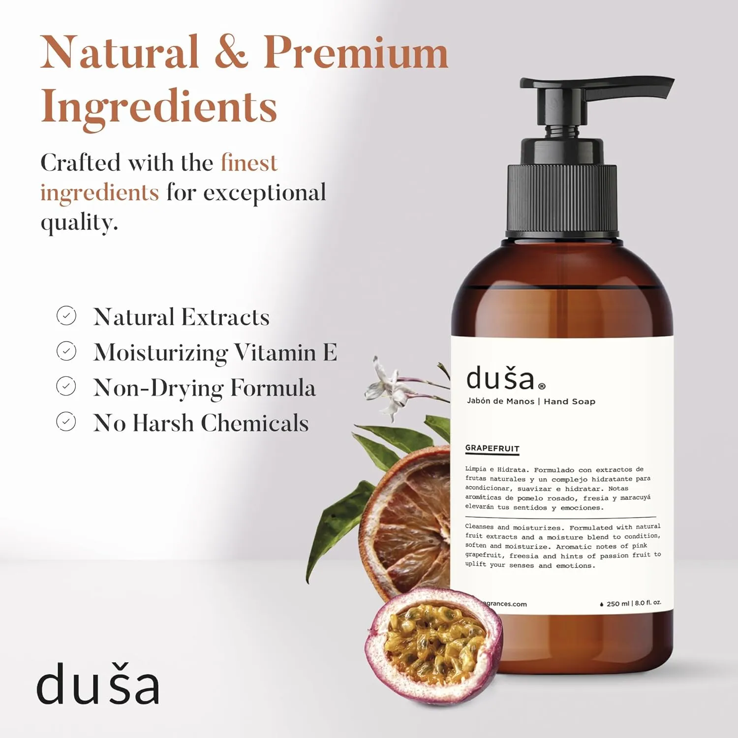 DUSA Luxury Hand Soap Grapefruit – 8 oz Hand Soap in a Refillable Hand Soap Glass Bottle – Exfoliating Hand Soap for a Premium Hand Ritual Experience – Nice Hand Soap for Everyday Use
