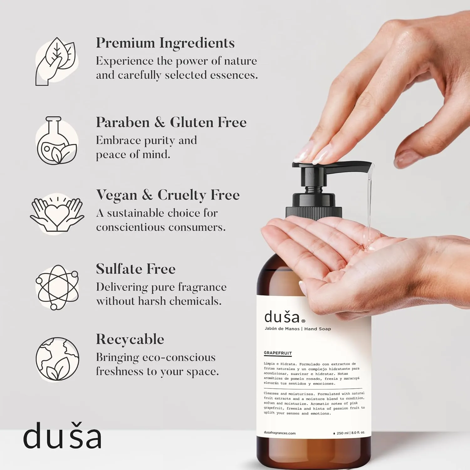DUSA Luxury Hand Soap Grapefruit – 8 oz Hand Soap in a Refillable Hand Soap Glass Bottle – Exfoliating Hand Soap for a Premium Hand Ritual Experience – Nice Hand Soap for Everyday Use