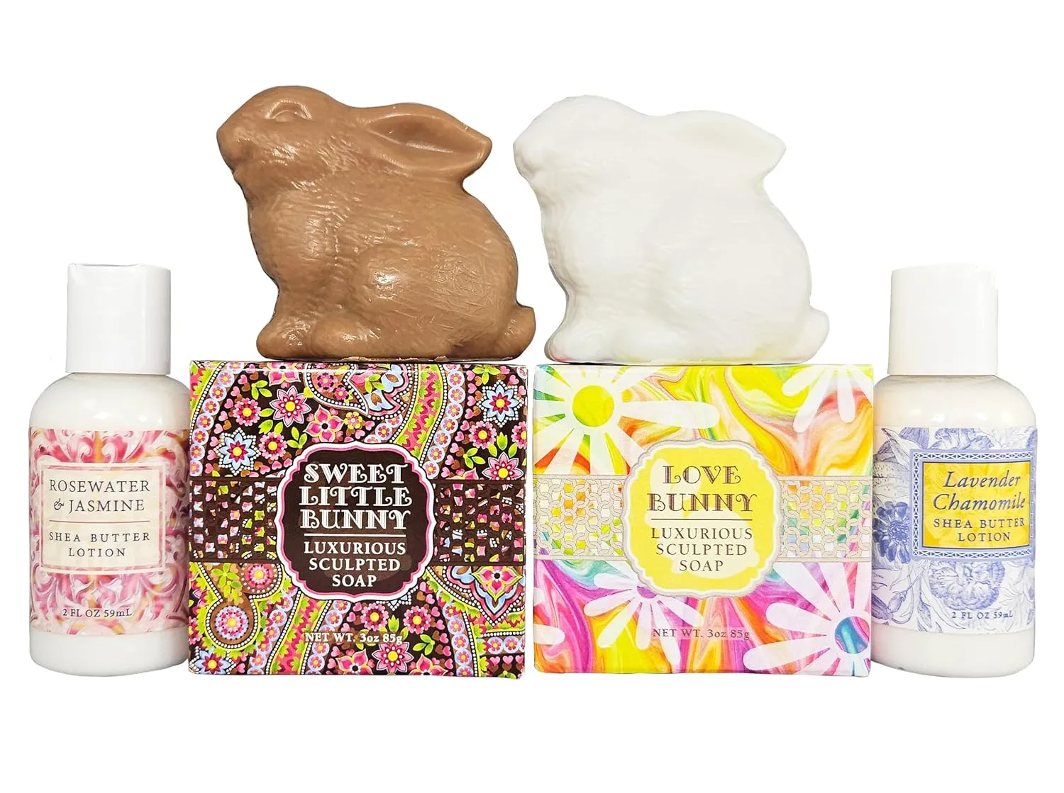 Easter Bunny Soap Bar and Lotion Sampler- Set of 4- Love Bunny, Sweet Little Bunny, Rosewater Jasmine and Lavender Chamomile- Enriched with Shea Butter, Cocoa Butter and Essential Oils- Basket Filler