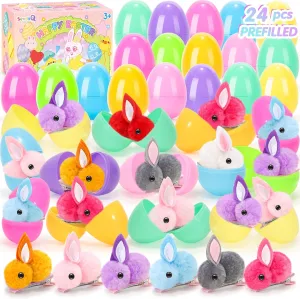 Easter Eggs Fillers with Bunny Hair Clips Colorful 24 Pack, Easter Basket Stuffers Party Favors Gift Bags for Kids Cute Stuff Plush Fidget Toys Classroom Treasure Box Egg Hunt Games Supplies