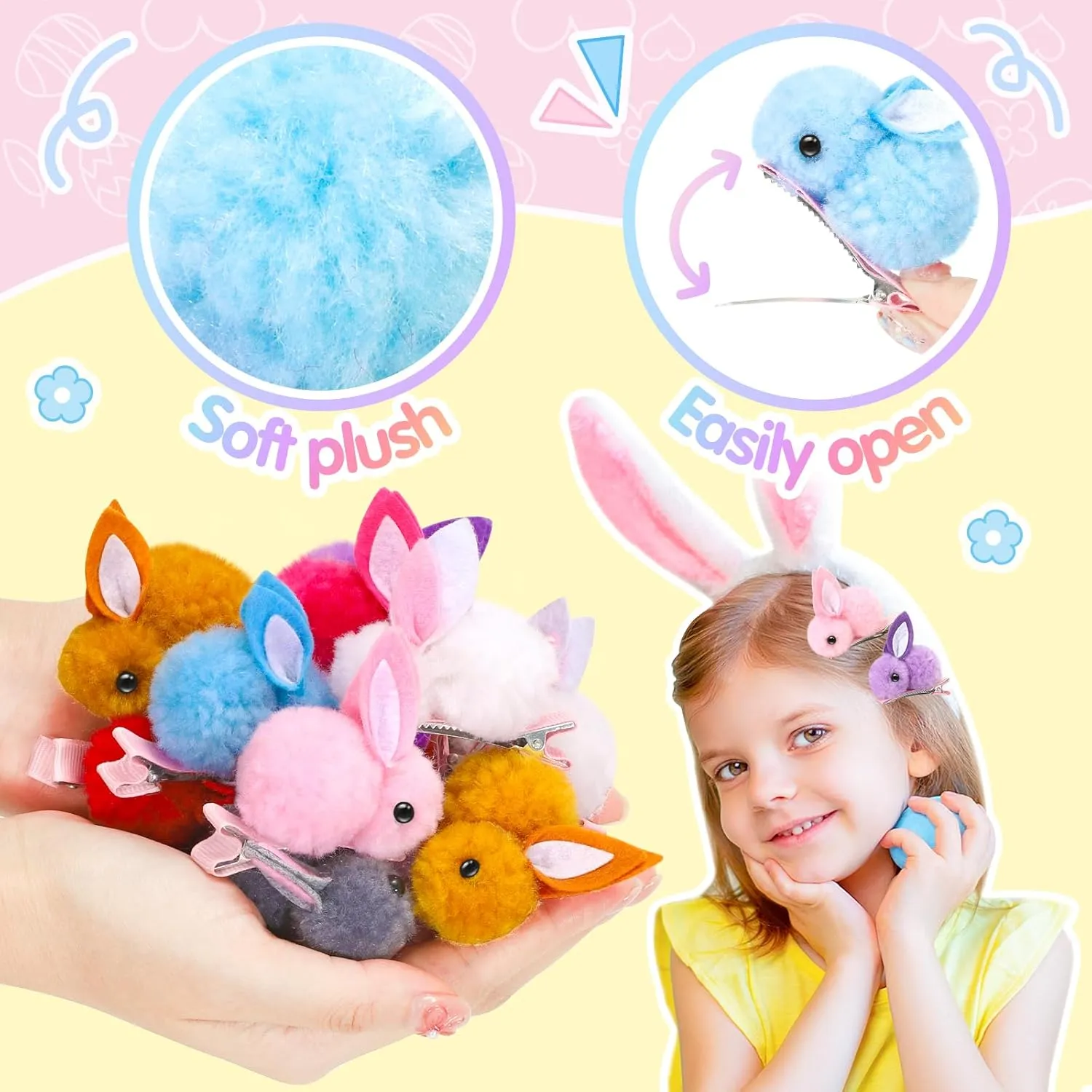 Easter Eggs Fillers with Bunny Hair Clips Colorful 24 Pack, Easter Basket Stuffers Party Favors Gift Bags for Kids Cute Stuff Plush Fidget Toys Classroom Treasure Box Egg Hunt Games Supplies