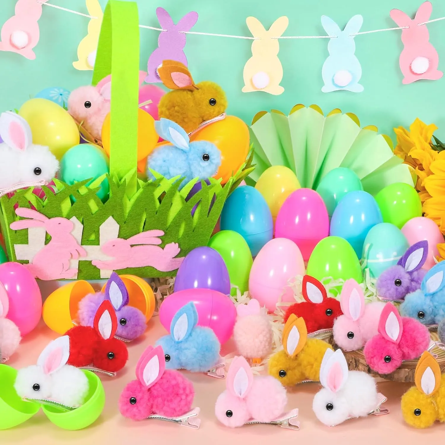 Easter Eggs Fillers with Bunny Hair Clips Colorful 24 Pack, Easter Basket Stuffers Party Favors Gift Bags for Kids Cute Stuff Plush Fidget Toys Classroom Treasure Box Egg Hunt Games Supplies