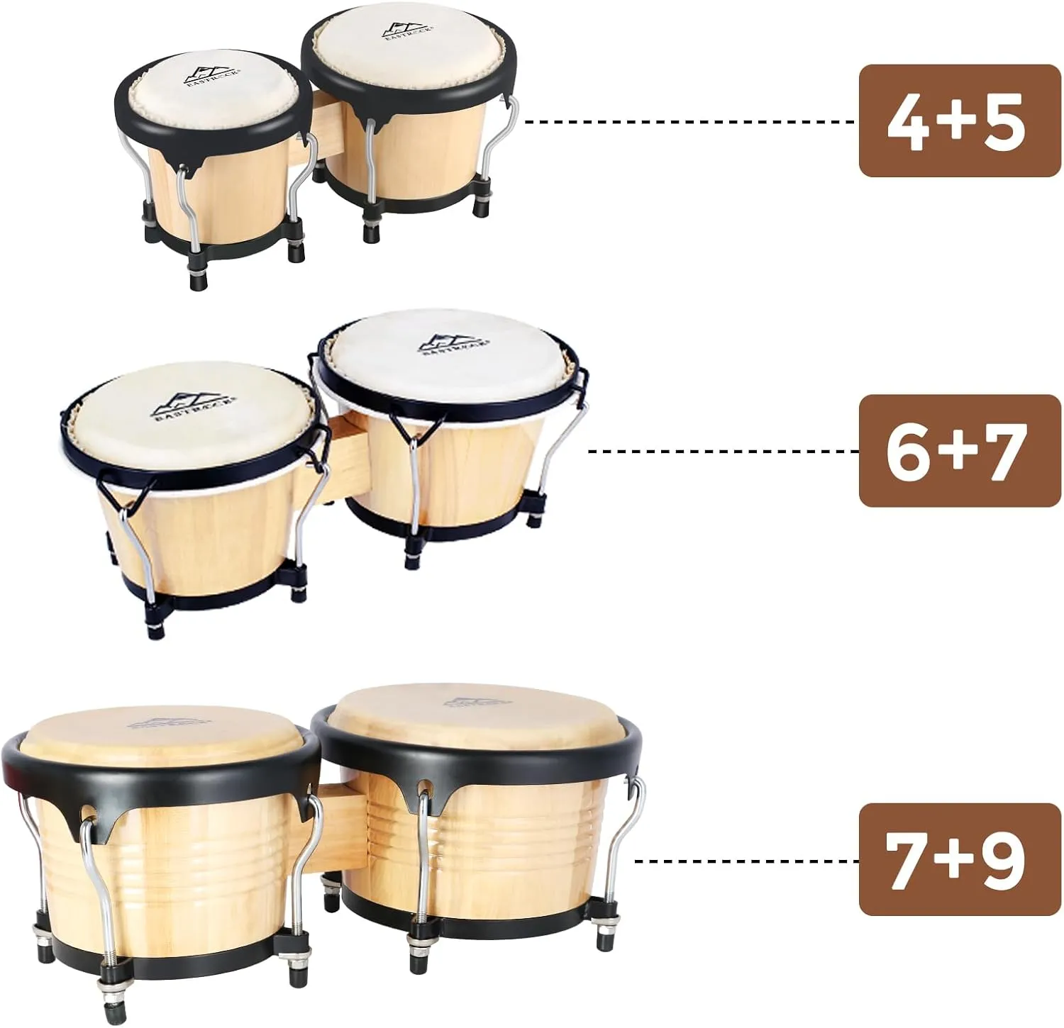 EastRock Bongo Drum 4” and 5” Set for Adults Kids Beginners Professionals Tunable Wood and Metal Drum Percussion Instruments With Tuning Wrench