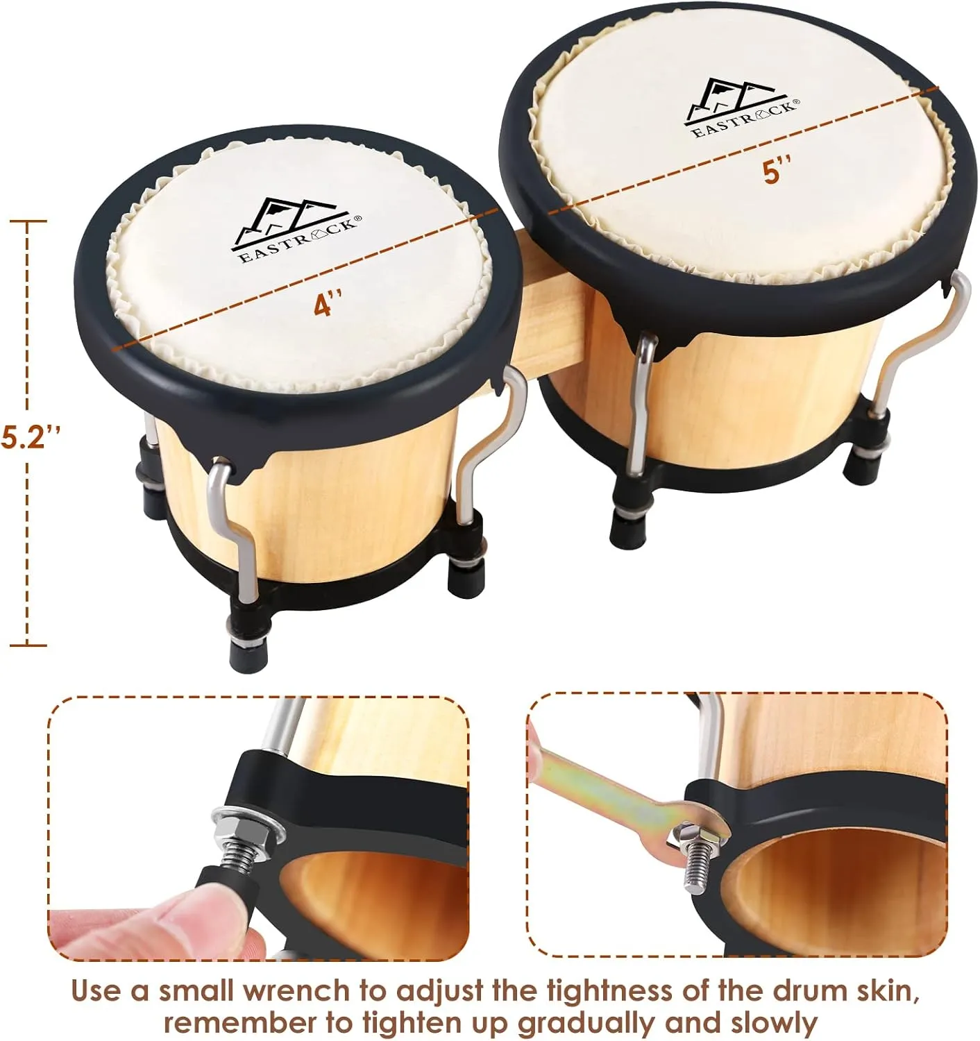 EastRock Bongo Drum 4” and 5” Set for Adults Kids Beginners Professionals Tunable Wood and Metal Drum Percussion Instruments With Tuning Wrench