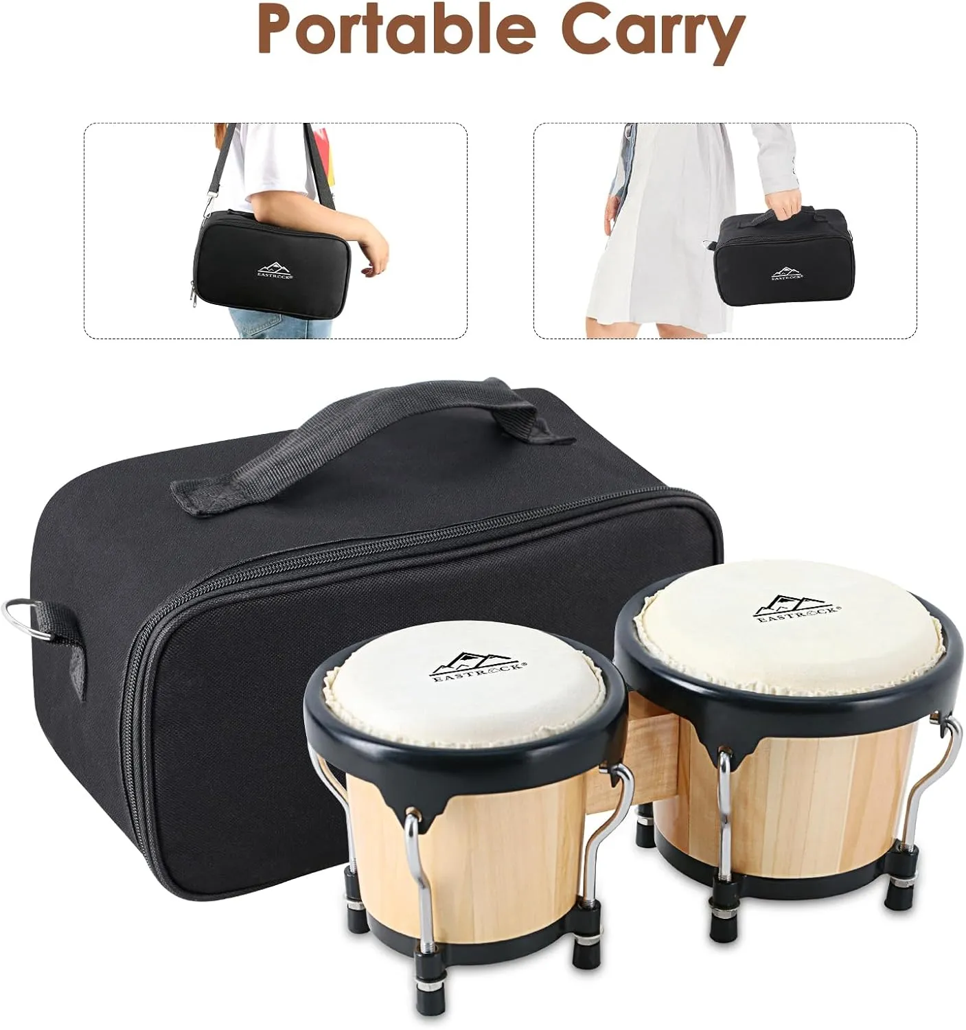EastRock Bongo Drum 4” and 5” Set for Adults Kids Beginners Professionals Tunable Wood and Metal Drum Percussion Instruments With Tuning Wrench
