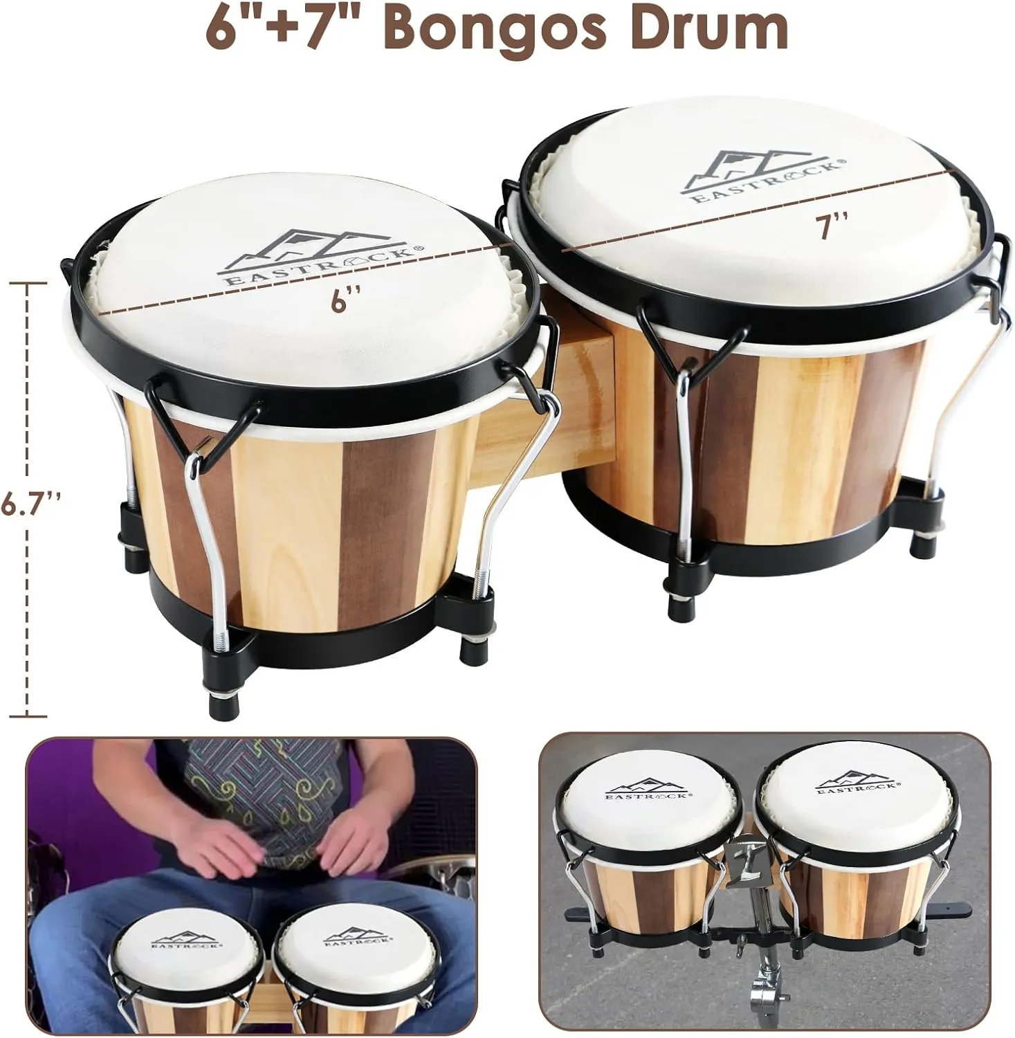 EASTROCK Bongo Drum 6” and 7” Bongos Set for Adults Kids Beginners Professionals Tunable Wood and Metal Drum Percussion Instruments with Bag and Tuning Wrench（Stripe）
