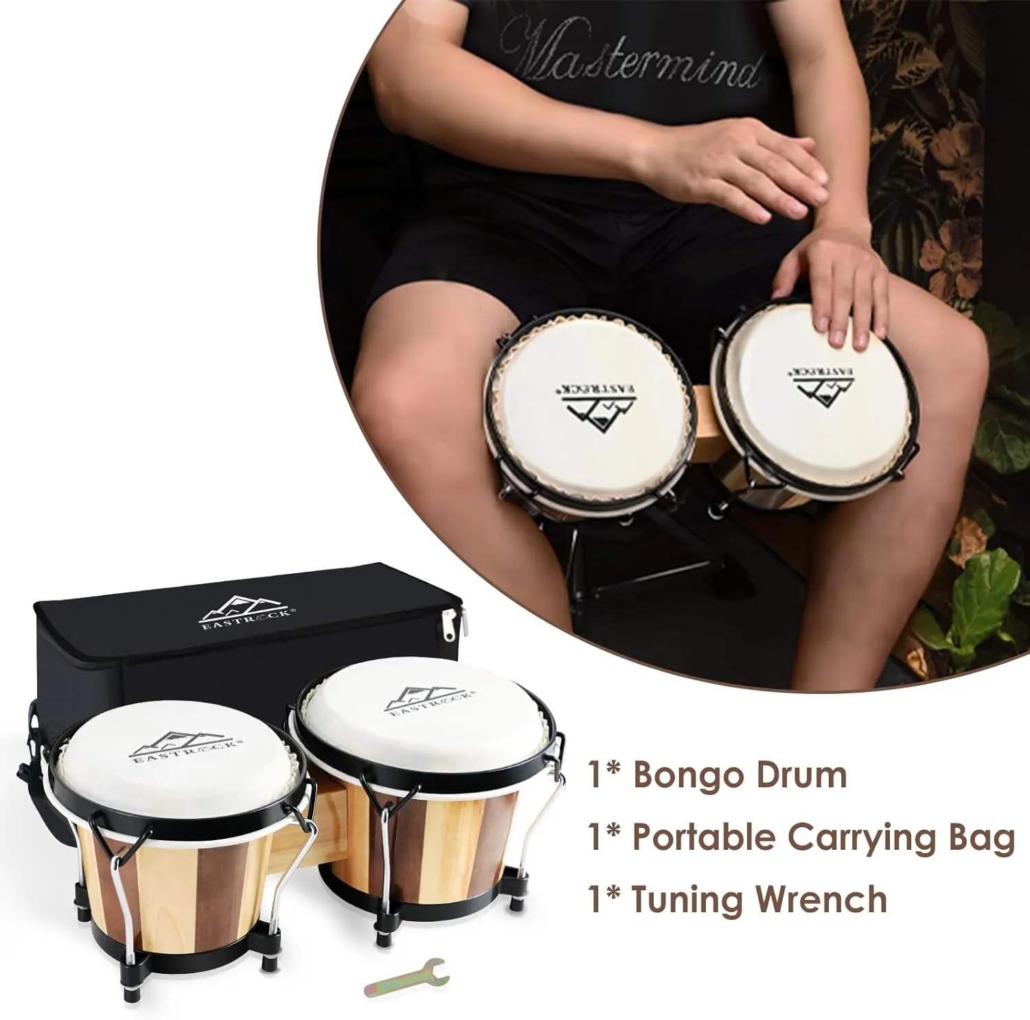EASTROCK Bongo Drum 6” and 7” Bongos Set for Adults Kids Beginners Professionals Tunable Wood and Metal Drum Percussion Instruments with Bag and Tuning Wrench（Stripe）
