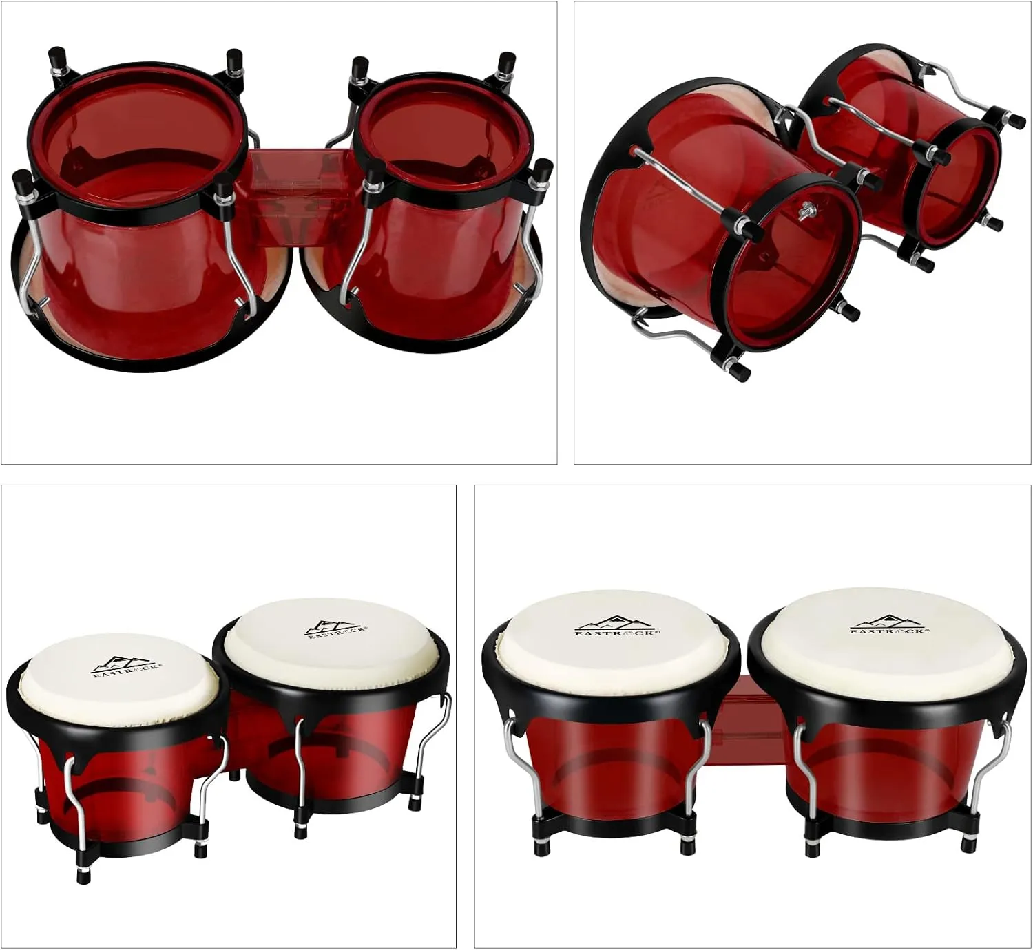 EastRock Bongo Drums 6” and 7” Set for Kids Adults Beginners Professionals Transparent Cavity and Metal Bongos Drum Percussion Instruments with Tuning Wrench (Red 6” 7” Bongos)