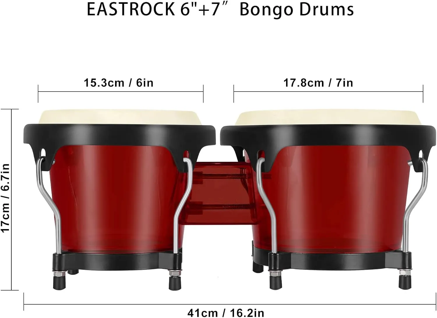 EastRock Bongo Drums 6” and 7” Set for Kids Adults Beginners Professionals Transparent Cavity and Metal Bongos Drum Percussion Instruments with Tuning Wrench (Red 6” 7” Bongos)