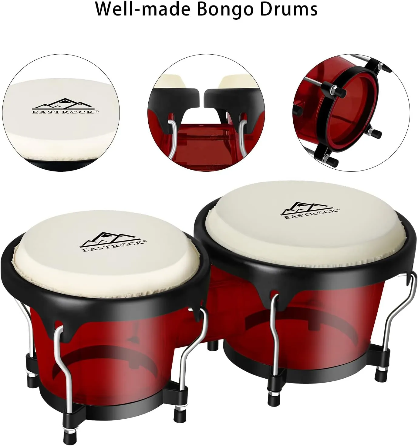 EastRock Bongo Drums 6” and 7” Set for Kids Adults Beginners Professionals Transparent Cavity and Metal Bongos Drum Percussion Instruments with Tuning Wrench (Red 6” 7” Bongos)