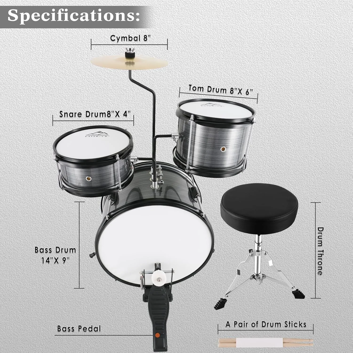 EASTROCK Kids Drum Set, 3 Piece 14'' Junior Drum sets for Drummer,Beginner, Drum Set with Adjustable Throne,Cymbal,Pedal,Drumsticks (Gray)