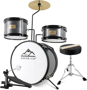 EASTROCK Kids Drum Set, 3 Piece 14'' Junior Drum sets for Drummer,Beginner, Drum Set with Adjustable Throne,Cymbal,Pedal,Drumsticks (Gray)