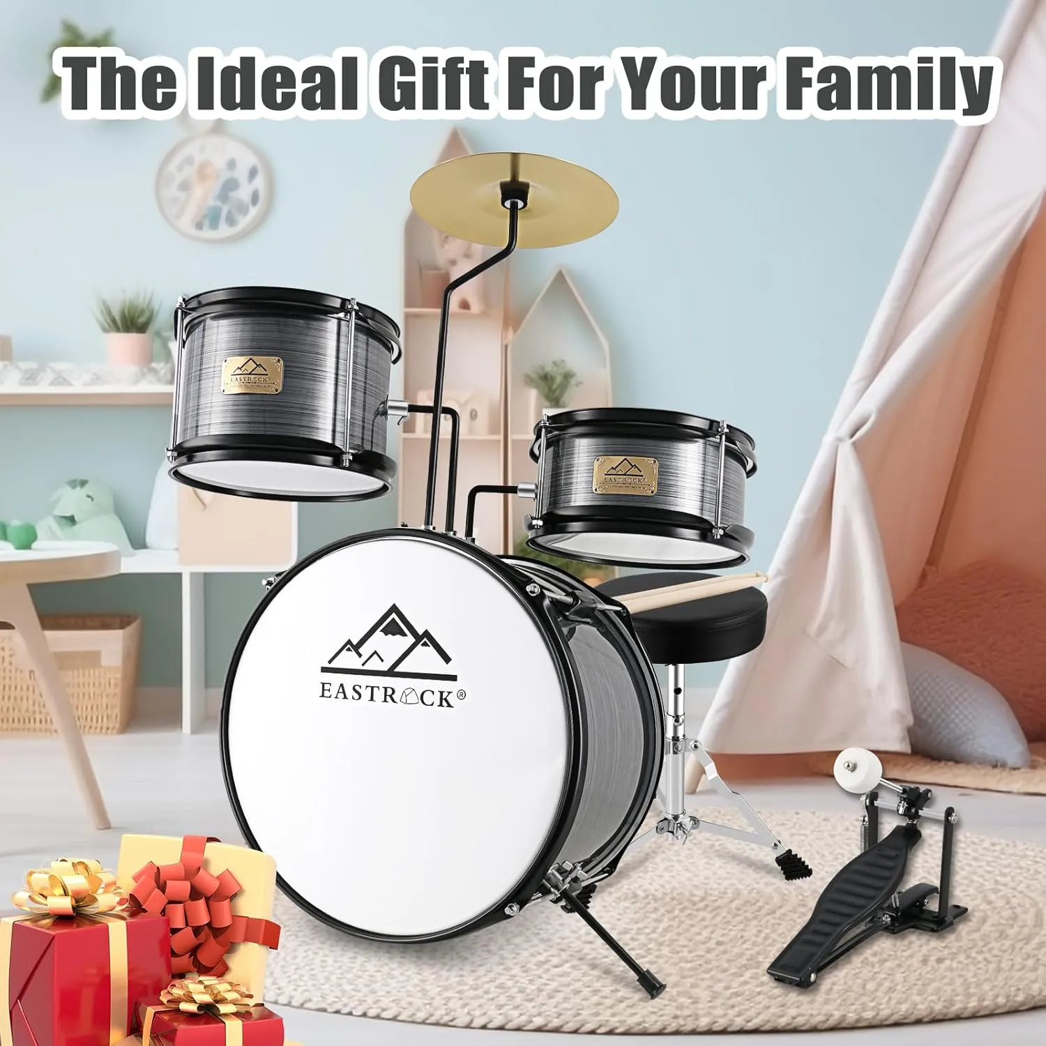 EASTROCK Kids Drum Set, 3 Piece 14'' Junior Drum sets for Drummer,Beginner, Drum Set with Adjustable Throne,Cymbal,Pedal,Drumsticks (Gray)