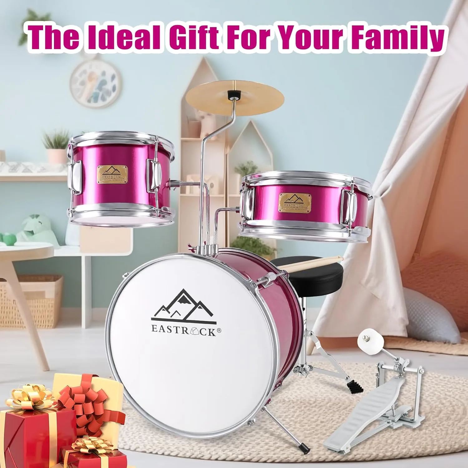 EASTROCK Kids Drum Set, 3 Piece 14'' Junior Drum sets for Drummer,Beginner, Drum Set with Adjustable Throne,Cymbal,Pedal,Drumsticks (Rose Powder)