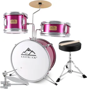 EASTROCK Kids Drum Set, 3 Piece 14'' Junior Drum sets for Drummer,Beginner, Drum Set with Adjustable Throne,Cymbal,Pedal,Drumsticks (Rose Powder)