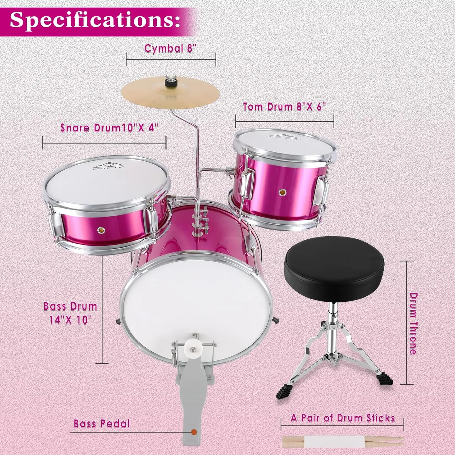 EASTROCK Kids Drum Set, 3 Piece 14'' Junior Drum sets for Drummer,Beginner, Drum Set with Adjustable Throne,Cymbal,Pedal,Drumsticks (Rose Powder)