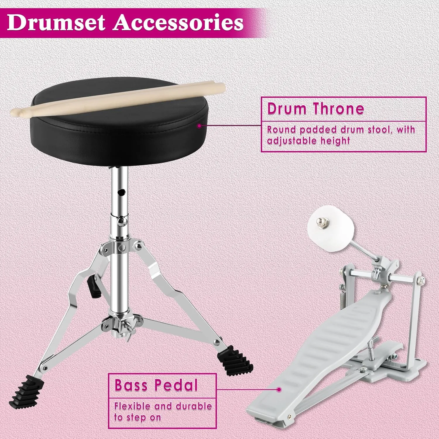 EASTROCK Kids Drum Set, 3 Piece 14'' Junior Drum sets for Drummer,Beginner, Drum Set with Adjustable Throne,Cymbal,Pedal,Drumsticks (Rose Powder)