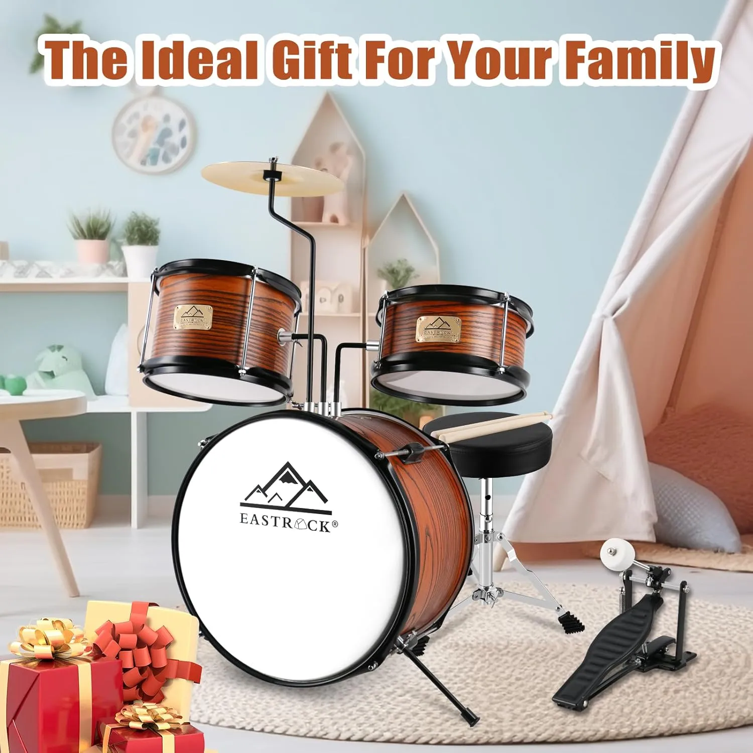 EASTROCK Kids Drum Set, 3 Piece 14'' Junior Drum sets for Drummer,Beginner, Drum Set with Adjustable Throne,Cymbal,Pedal,Drumsticks(Wood)