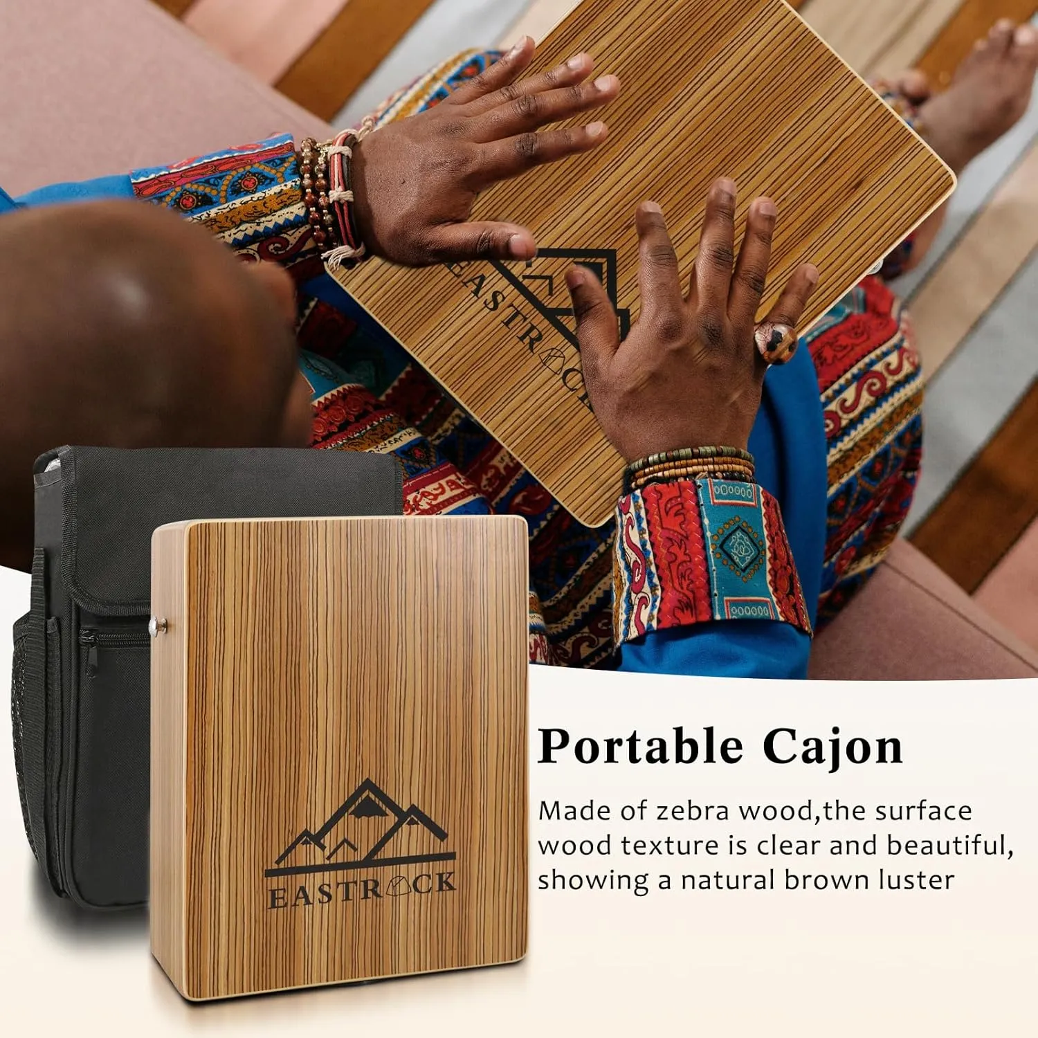 EastRock Portable Cajones Beat Box Hand Drum Cajon, Stringed Persussion Instrument Kit with a Carrying Bag, with Guitar Strings