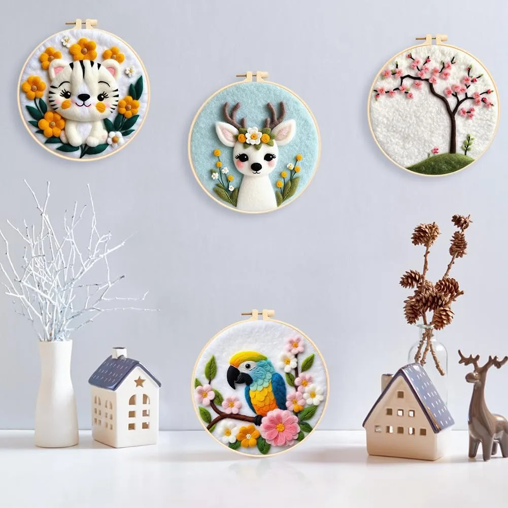 Eforcase Needle Felt Starter Set, Needle Felting Kit, Felt Painting Kit for Beginners Cute Animal Floral Wool Needle Felt Set with Felt Needle, Picture Frame, Foam Pad and Instructions Home Decor