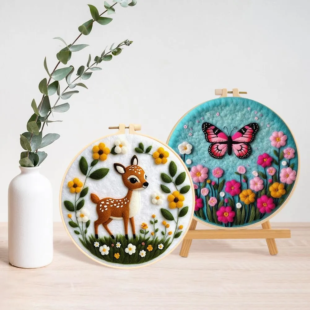 Eforcase Needle Felt Starter Set, Needle Felting Kit, Felt Painting Kit for Beginners Cute Animal Floral Wool Needle Felt Set with Felt Needle, Picture Frame, Foam Pad and Instructions Home Decor