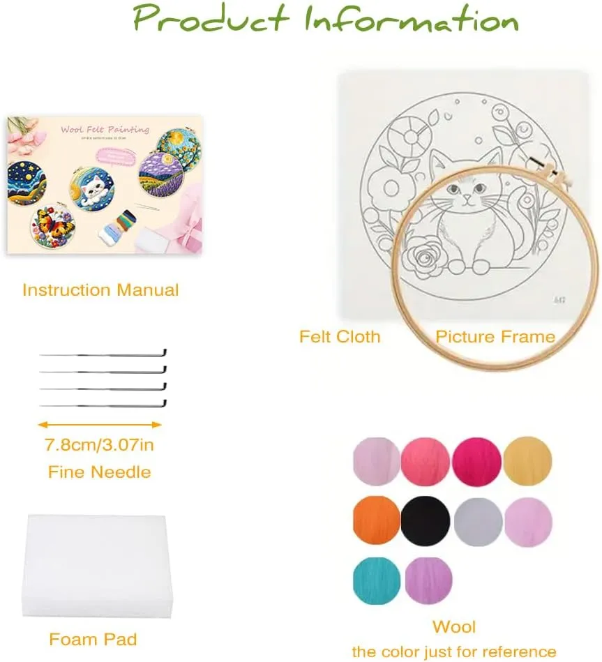 Eforcase Needle Felt Starter Set, Needle Felting Kit, Felt Painting Kit for Beginners Cute Animal Floral Wool Needle Felt Set with Felt Needle, Picture Frame, Foam Pad and Instructions Home Decor