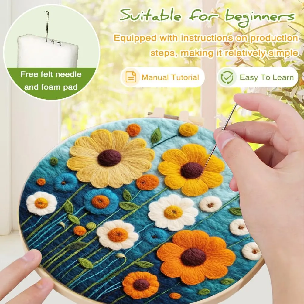 Eforcase Needle Felt Starter Set, Needle Felting Kit, Felt Painting Kit for Beginners Cute Animal Floral Wool Needle Felt Set with Felt Needle, Picture Frame, Foam Pad and Instructions Home Decor