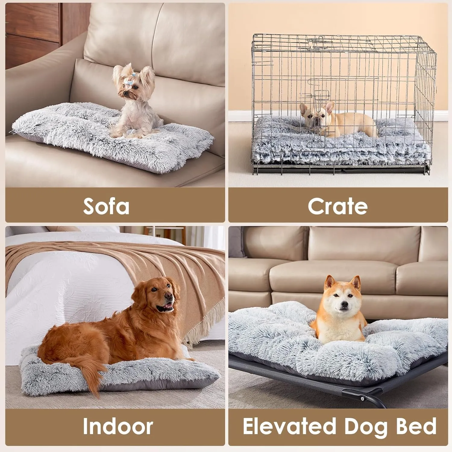 EHEYCIGA Fluffy Dog Crate Bed for Extra Large Dogs, Plush Faux Fur Pad, Calming Anti Anxiety XL Bed for Crate, Washable Soft Warm Dog Mat with Non-Slip Bottom, Grey