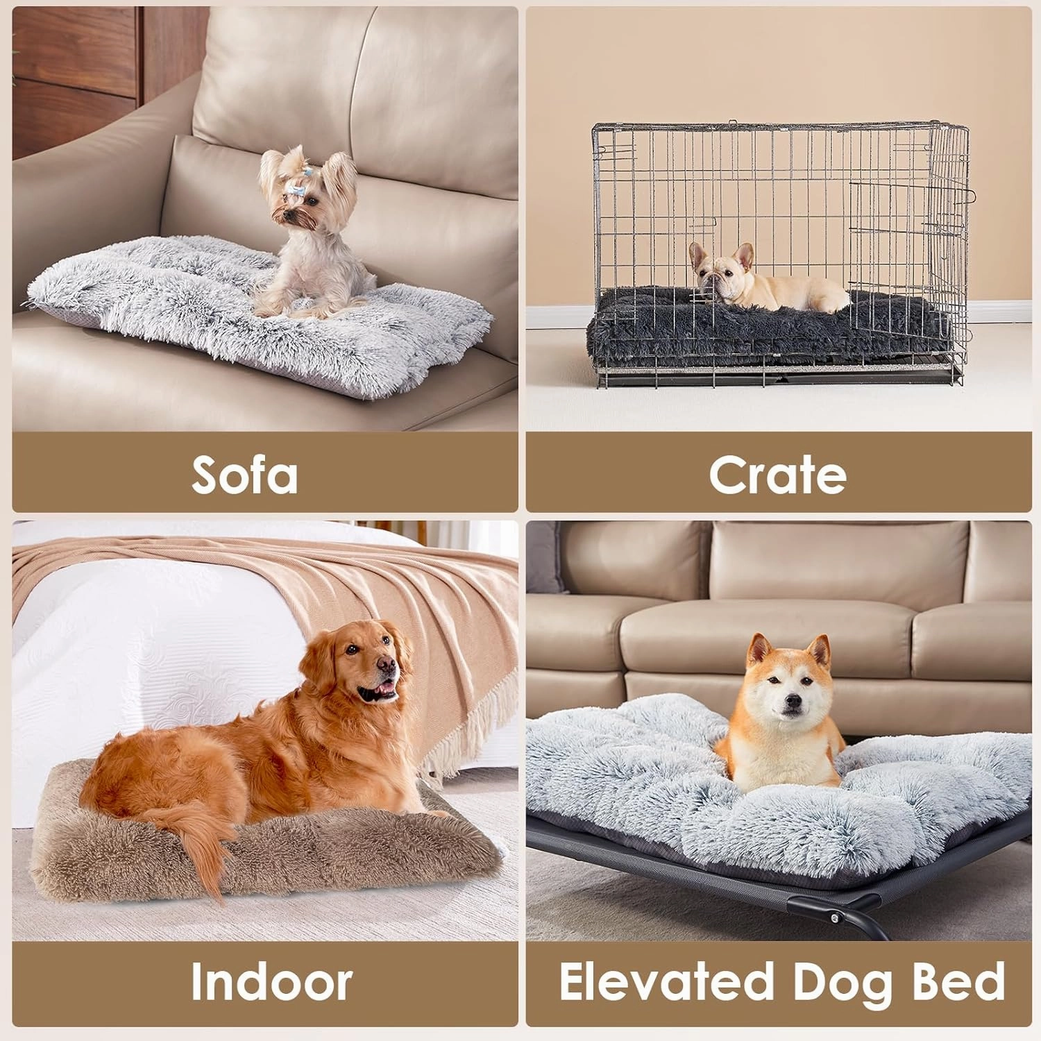 EHEYCIGA Fluffy Dog Crate Bed for Extra Large Dogs, Plush Faux Fur Crate Pad, Calming Anti Anxiety XL Dog Bed, Washable Soft Warm Mat with Non-Slip Bottom, Camel