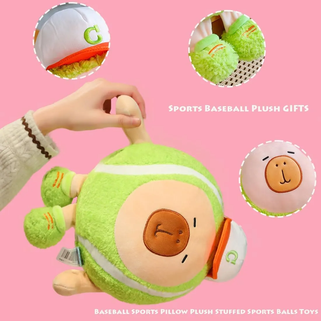 ELAINREN Kawaii Baseball Capybara Stuffed Pillow Super Soft Green Capybara Plushie Doll Gifts,Funny Baseball Shape Capybara Plush Toy/15.7''