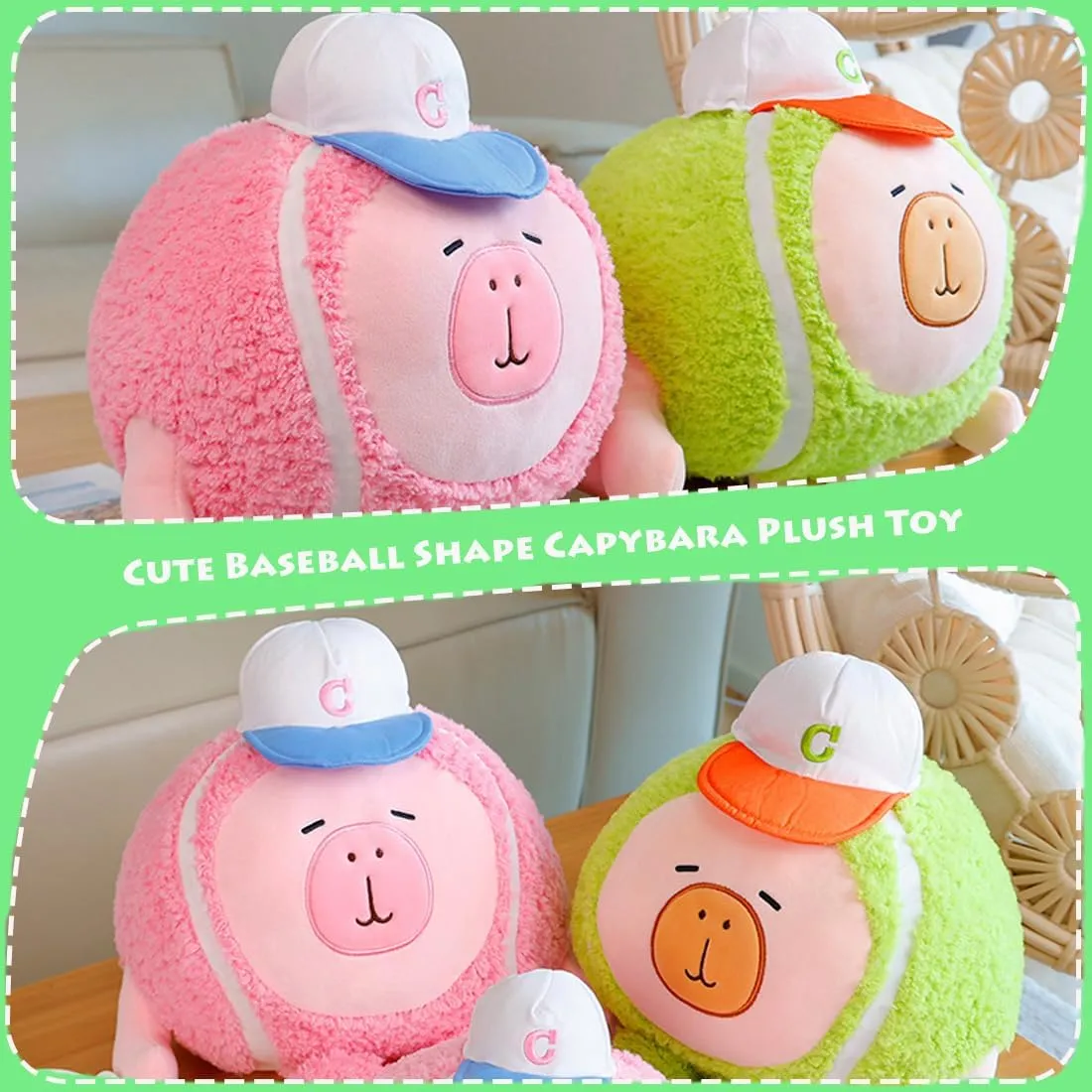 ELAINREN Kawaii Baseball Capybara Stuffed Pillow Super Soft Green Capybara Plushie Doll Gifts,Funny Baseball Shape Capybara Plush Toy/15.7''