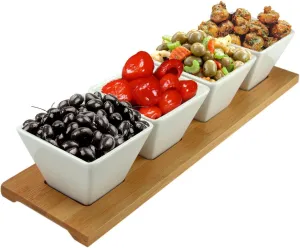 Elama Ceramic Stoneware Condiment Appetizer Set, 5 Piece, Long Rectangle in White and Natural Bamboo