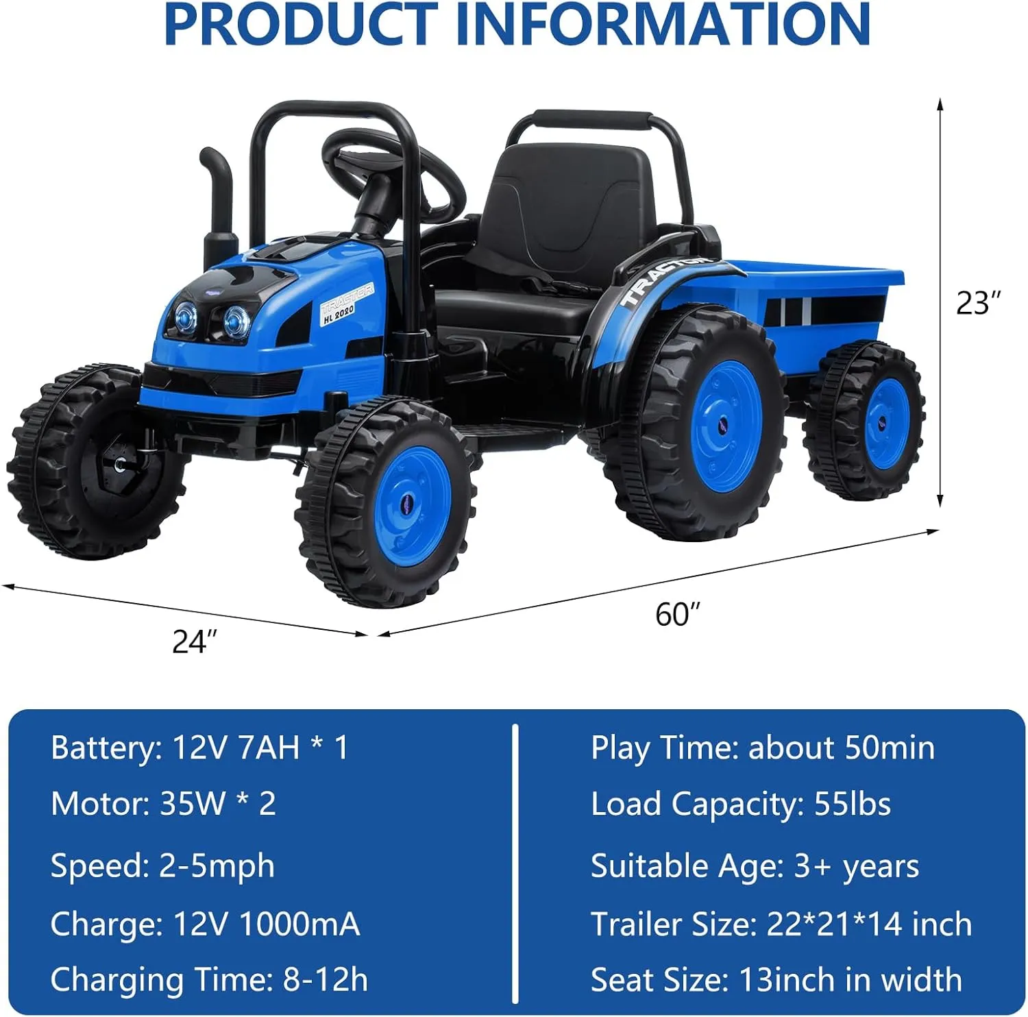 Electric Kids Ride on Tractor with Long Tiltable Trailer 6 Wheels, 12V Battery Powered Ride on Car Vehicle with Remote Control, Spring Suspension, Music LED Light for Boys and Girls, Blue