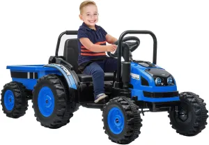 Electric Kids Ride on Tractor with Long Tiltable Trailer 6 Wheels, 12V Battery Powered Ride on Car Vehicle with Remote Control, Spring Suspension, Music LED Light for Boys and Girls, Blue
