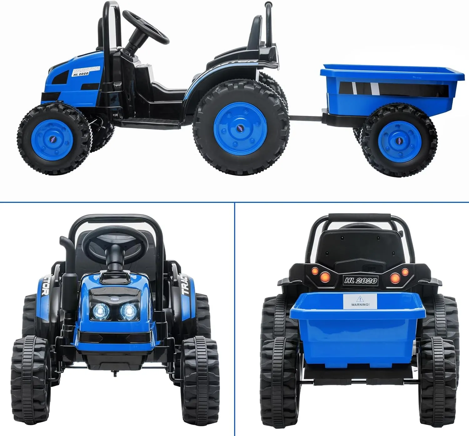 Electric Kids Ride on Tractor with Long Tiltable Trailer 6 Wheels, 12V Battery Powered Ride on Car Vehicle with Remote Control, Spring Suspension, Music LED Light for Boys and Girls, Blue