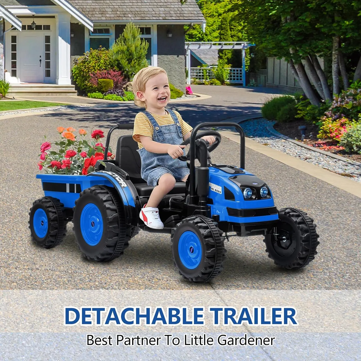 Electric Kids Ride on Tractor with Long Tiltable Trailer 6 Wheels, 12V Battery Powered Ride on Car Vehicle with Remote Control, Spring Suspension, Music LED Light for Boys and Girls, Blue